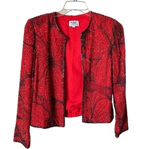 Andretti Donatello Beaded Jacket Sz S Red Silk Floral Black Navy Beading